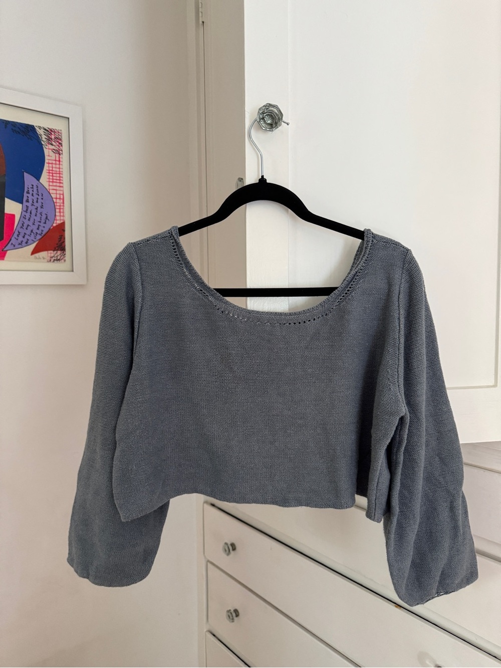 First Rite Cropped Cotton & Linen Scoop-Neck Knit Top in blue gray